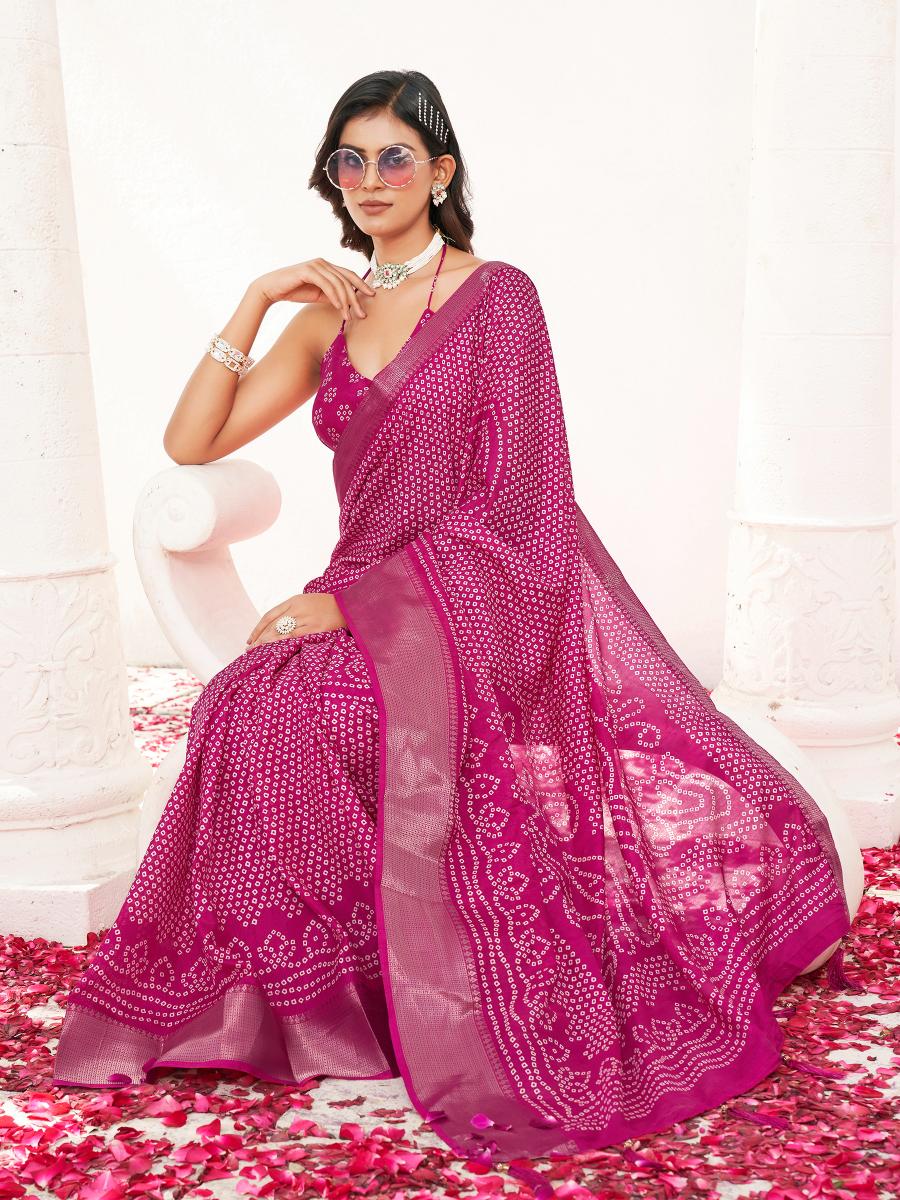 Ready to wear pink colored bandhni printed cotton blend saree